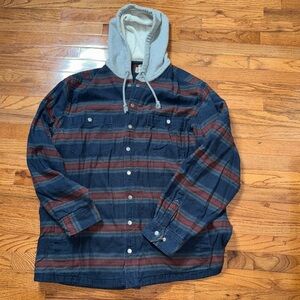 Duluth Trading Standard Fit Flannel Hooded Lined Jacket Men Navy Red 2XL Tall